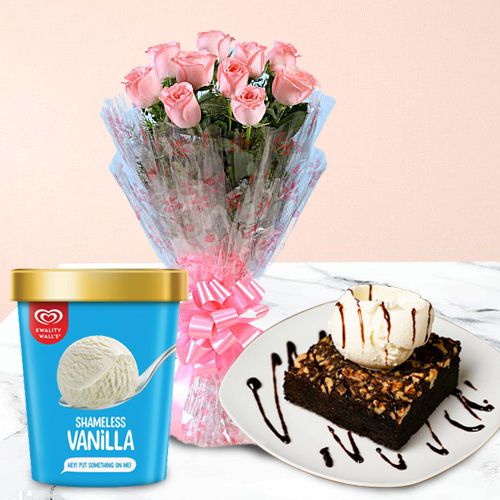 Beautiful Pink Roses with Chocolate Walnut Brownie n Kwality Walls Ice Cream