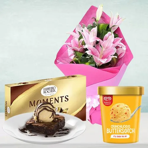 Chocolaty Treat of Brownie N Pink Lilies with Kwality Walls Butterscotch Ice Cream