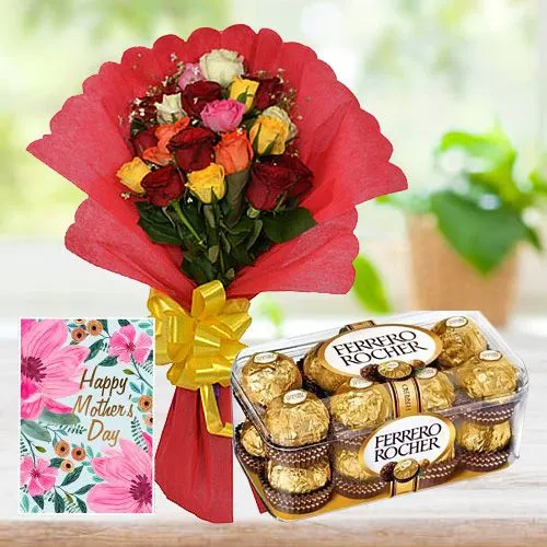 Graceful Mixed Roses Bunch with Ferrero Rocher N Mothers Day Card
