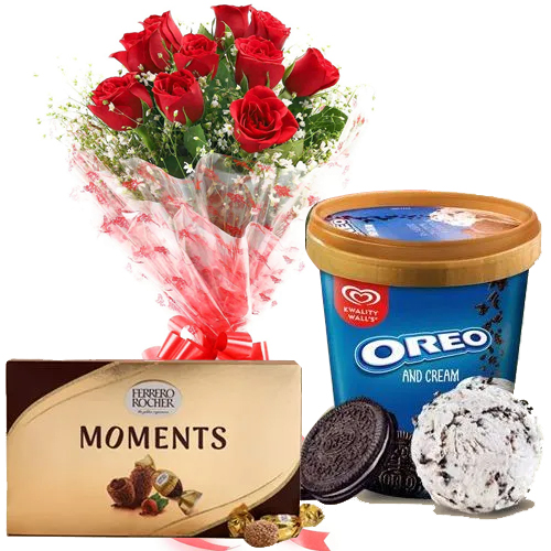 Fresh Red Roses Bouquet n Kwality Walls Ice Cream with Ferrero Rocher Moments