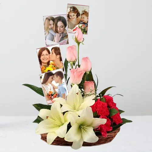 Designer Mixed Flowers N Personalized Photos Basket