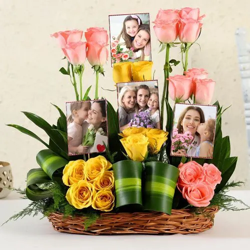 Exclusive Pink n Yellow Roses with Personalized Pics in Basket