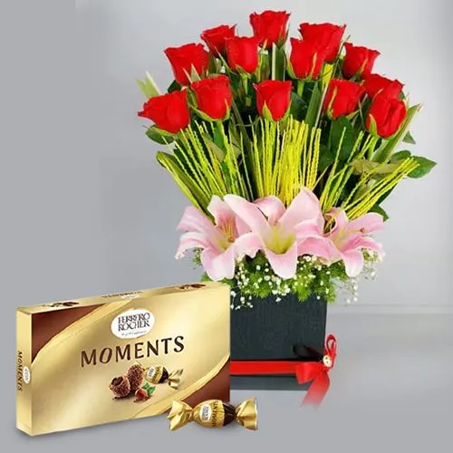 Fabulous Red Roses n Pink Lilies Gift Box with Ferrero Rocher Moment