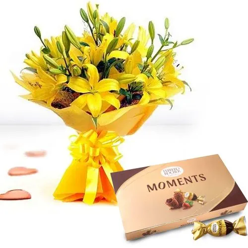 Graceful Yellow Lilies Bouquet with Ferrero Rocher Moments