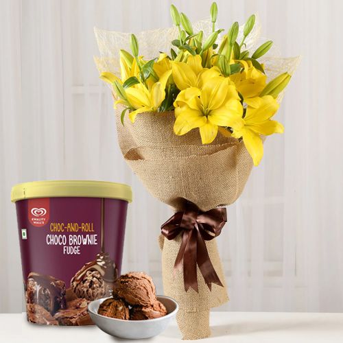 Graceful Yellow Lily Bouquet with Kwality Walls Choco Brownie Fudge Ice Cream