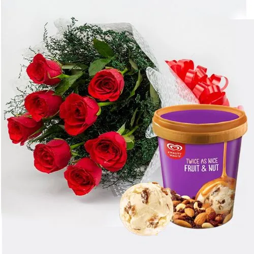 Impressive Red Roses Bouquet with Fruit n Nut Ice-Cream from Kwality Walls