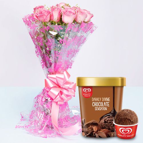 Delicate Bouquet of Pink Rose with Chocolate Ice-Cream from Kwality Walls