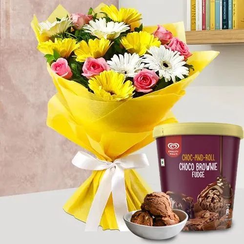 Dazzling Arrangement of Mixed Flowers with Choco Brownie Fudge Ice Cream from Kwality Walls
