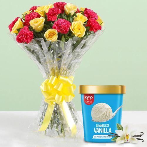 Delicious Vanilla Ice Cream from Kwality Walls with Mixed Flower Arrangement