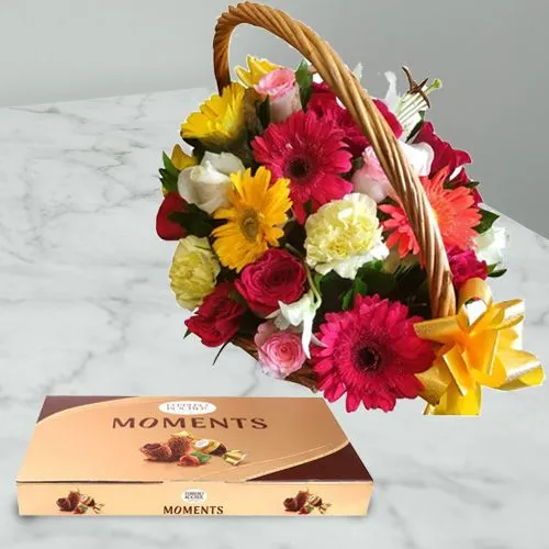 Pristine Beautiful Mixed Flowers Basket With Ferrero Rocher Moments