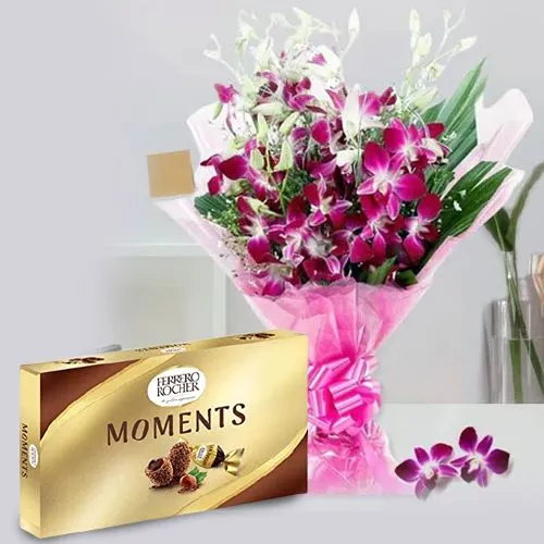 Attractive Bouquet of Orchids with Ferrero Rocher Moment Chocolate Box