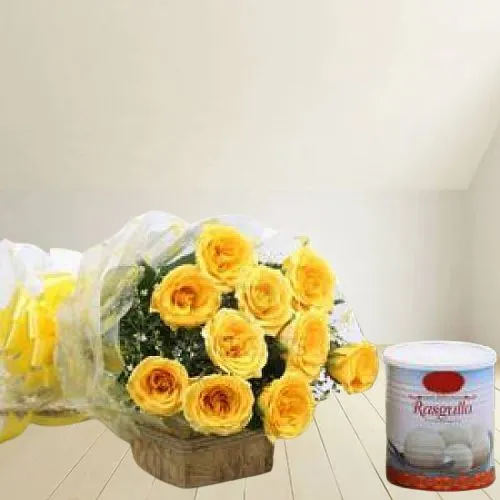Majestic Bouquet of Yellow Roses with Pack of Haldiram Rasgulla