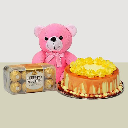 Fabulous Treat of Butterscotch Cake N Chocolates with a Soft Teddy