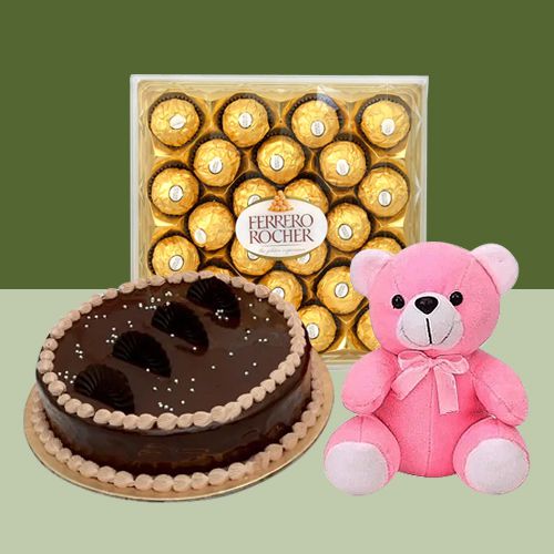 Ecstatic Gift of Ferrero Rocher N Chocolate Cake with Cute Teddy