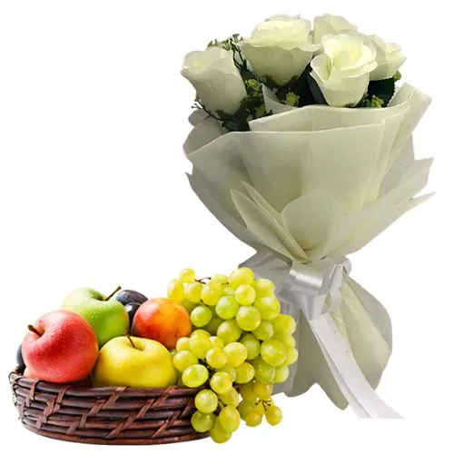 Soft Touch of White Roses Bouquet with Fresh Fruits