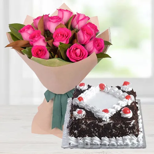 Deliver Online Pink Roses Bunch With Black Forest Cake