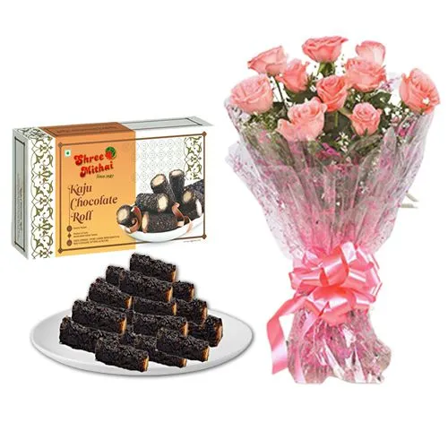 Famous Shree Mithai Kaju Choco Roll with Pink Rose Bouquet