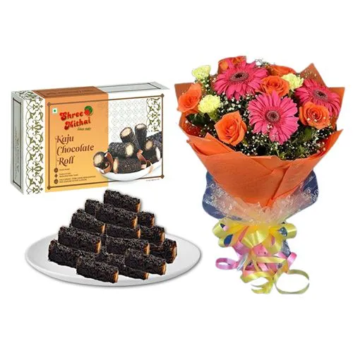 Gift of Kaju Choco Roll from Shree Mithai with Assorted Flower Bouquet