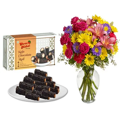 Royal Pack of Kaju Choco Roll from Shree Mithai with Mix Flower Arrangement