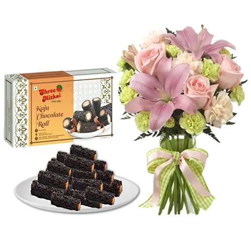 Royal Pack of Kaju Choco Roll from Shree Mithai with Flowers Bouquet