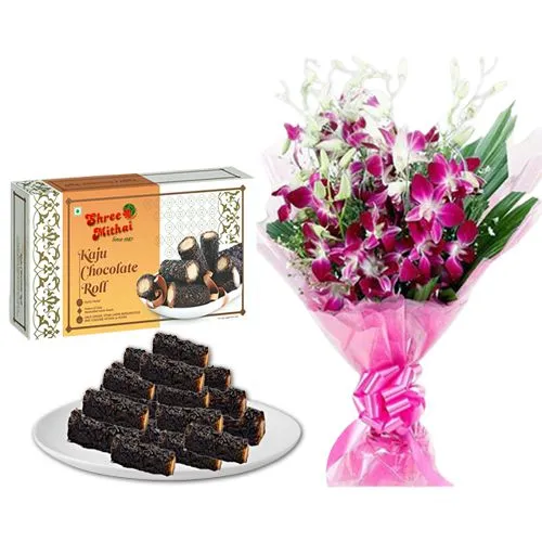 Famous Shree Mithai Kaju Choco Roll with Orchid Bouquet