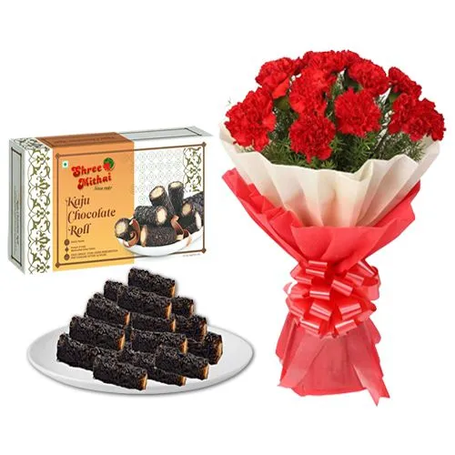 Shree Mithai Kaju Choco Roll with Red Carnation Tissue Wrapped Bouquet