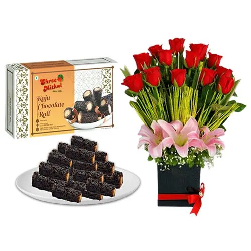 Pack of Kaju Choco Roll from Shree Mithai with Designer Flower Arrangement