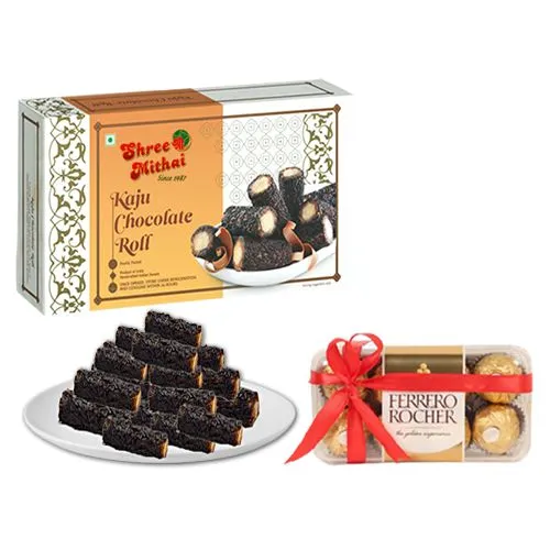 Kaju Choco Roll from Shree Mithai with Ferrero Rocher Chocolate Gift