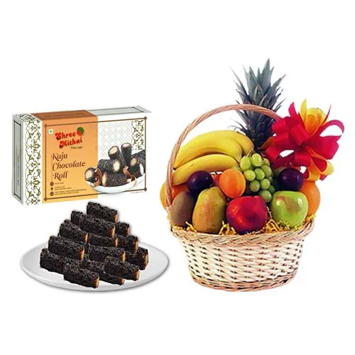 Gift Pack of Kaju Choco Roll from Shree Mithai with Fresh Fruit Basket