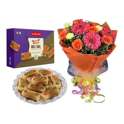 Shree Mithai Milk Cake Pack with Assorted Flower Bouquet