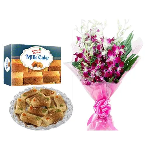 Best Collection of Milk Cake from Shree Mithai with Orchid Bouquet