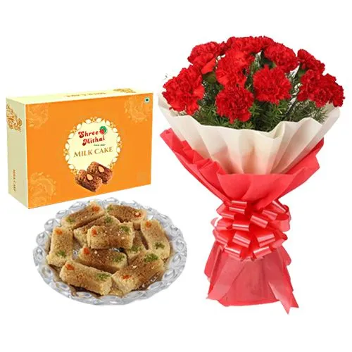 Shree Mithai Milk Cake Pack with Red Carnation Tissue Wrapped Bouquet