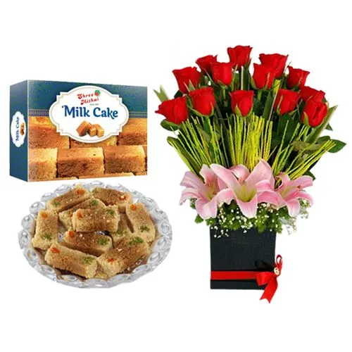 Pack of Shree Mithai Milk Cake with Designer Flower Arrangement