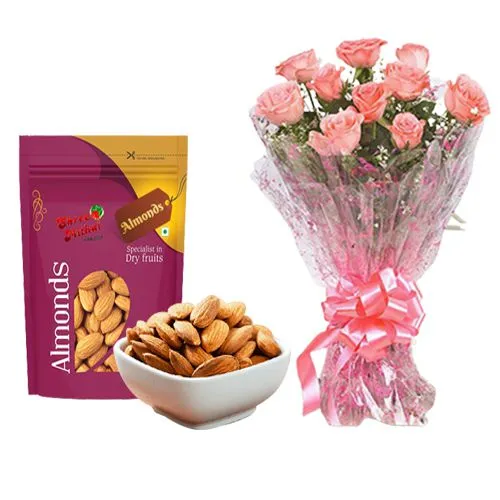 Gift of Almond Treat fro Shree Mithai with Pink Rose Bouquet