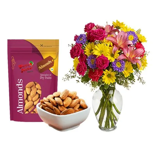 Premium Almond Treat from Shree Mithai with Assorted Flower Arrangement