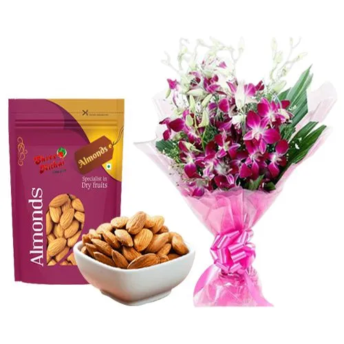 Premium Quality of Almond Treat from Shree Mithai with Orchid Bouquet