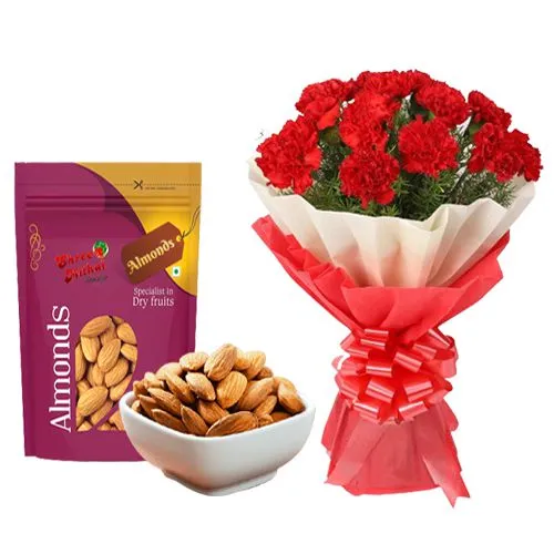Famous Shree Mithai Almond Treat with Red Carnation Tissue Wrapped Bouquet