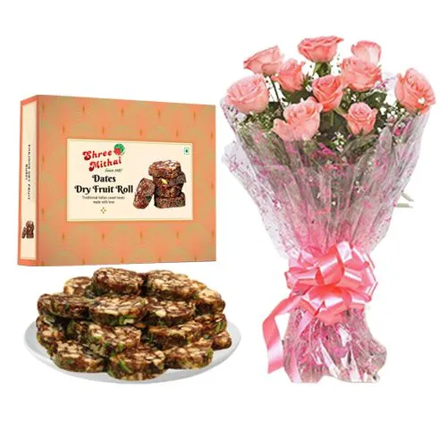 Combo of Dry Fruit Dates Roll from Shree Mithai with Pink Rose Bouquet