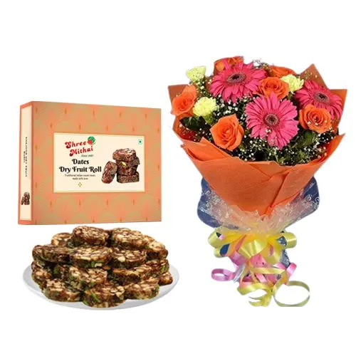 Collection of Dry Fruit Dates Roll from Shree Mithai with Assorted Flower Bouquet