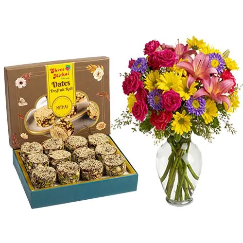 Gift of Dry Fruit Dates Roll from Shree Mithai with Mix Flower Arrangement