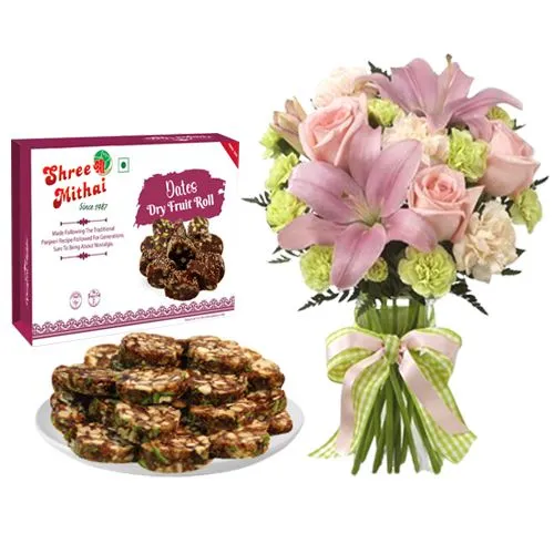 Famous Shree Mithai Dry Fruit Dates Roll with Flowers Bouquet