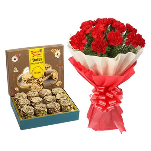 Finest Shree Mithai Dry Fruit Dates Roll with Red Carnation Tissue Wrapped Bouquet