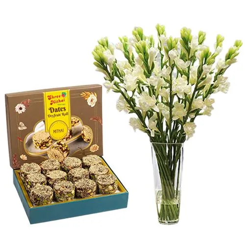 Gift of Shree Mithai Dry Fruit Dates Roll with Rajnigandha Stems in a Glass Vase