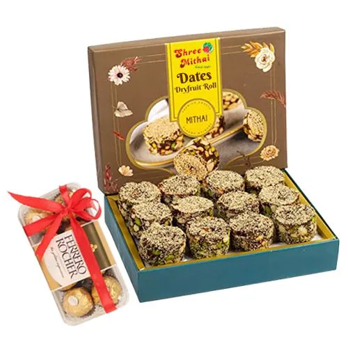 Gift of Shree Mithai Dry Fruit Dates Roll with Ferrero Rocher Chocolate