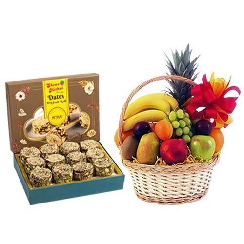 Gift of Shree Mithai Dry Fruit Dates Roll with Delightful Fruit Basket
