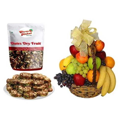Gift of Shree Mithai Dry Fruit Dates Roll with Special Fruit Basket