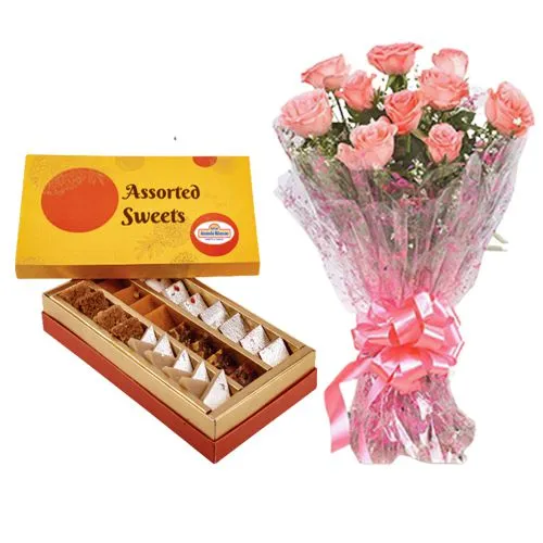 Adyar Ananda Bhawan Assorted Sweets with Pink Rose Bouquet