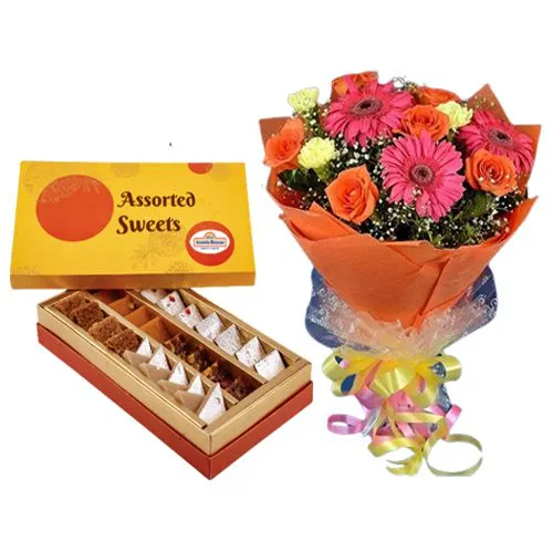 Gift of Adyar Ananda Bhawan Assorted Sweets with Assorted Flower Bouquet