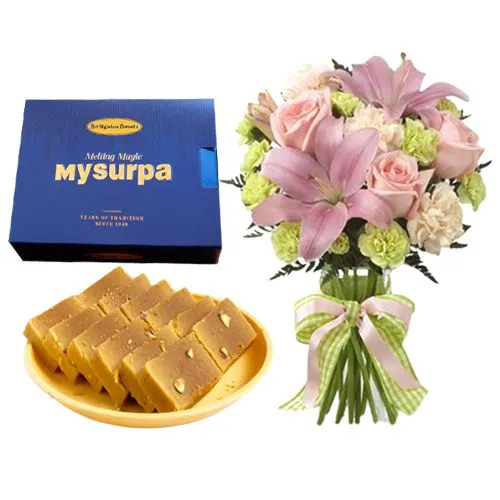 Sri Krishna Sweets Mysurpa with a Flowers Bouquet