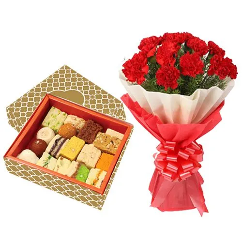 Adyar Ananda Bhawan Assorted Sweets with Red Carnation Tissue Wrapped Bouquet